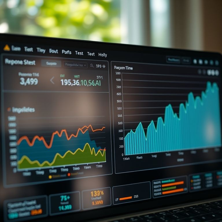 Gráficos de resultados de testes de performance no JMeter, mostrando tempos de resposta e throughput.