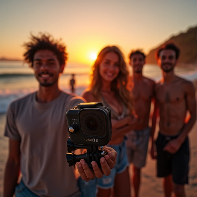 Grupo de amigos brasileiros usando GoPro Hero 14 Black para filmar surf ao pôr do sol.