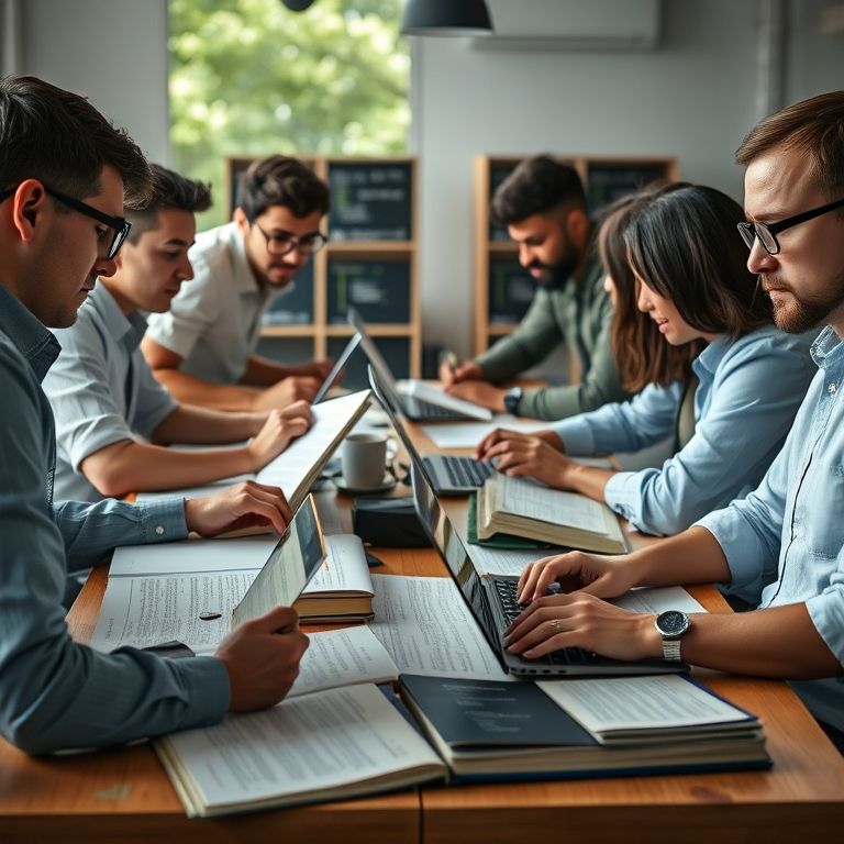 Grupo diverso de desenvolvedores colaborando em torno de livros de programação.