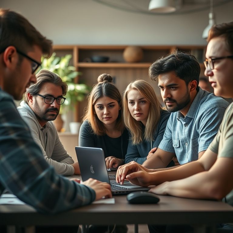 Grupo diverso de desenvolvedores colaborando em um workshop do Godot Engine.