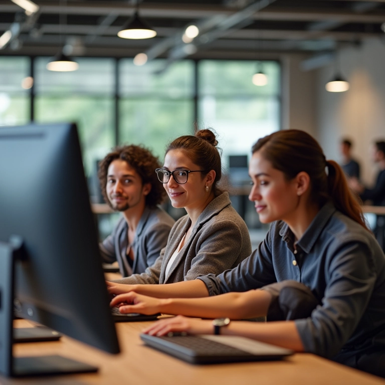 Grupo diverso de pessoas usando PCs recondicionados em espaço de co-working.