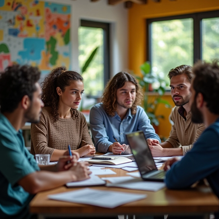 Grupo diverso discute web scraping ético em espaço de coworking vibrante.