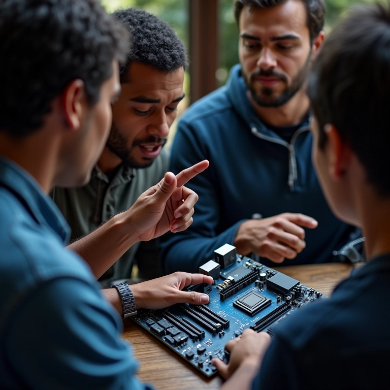 Grupo diverso discutindo a escolha de processadores para mineração de criptomoedas.