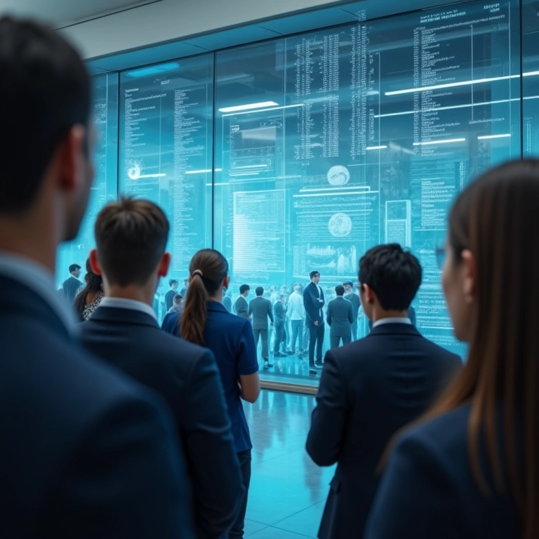 Grupo diverso examinando camadas de dados transparentes, representando o direito à informação.