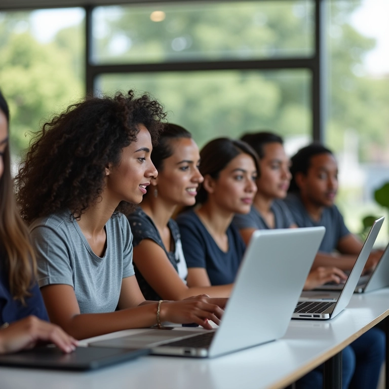 Grupo diverso usando laptops, com reconhecimento facial em destaque.