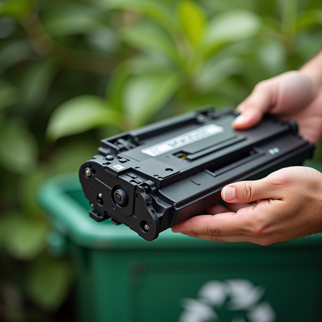 Hands recycling a used toner cartridge, recycling bin in background, environmental awareness, Descarte consciente de cartucho de toner vazio.