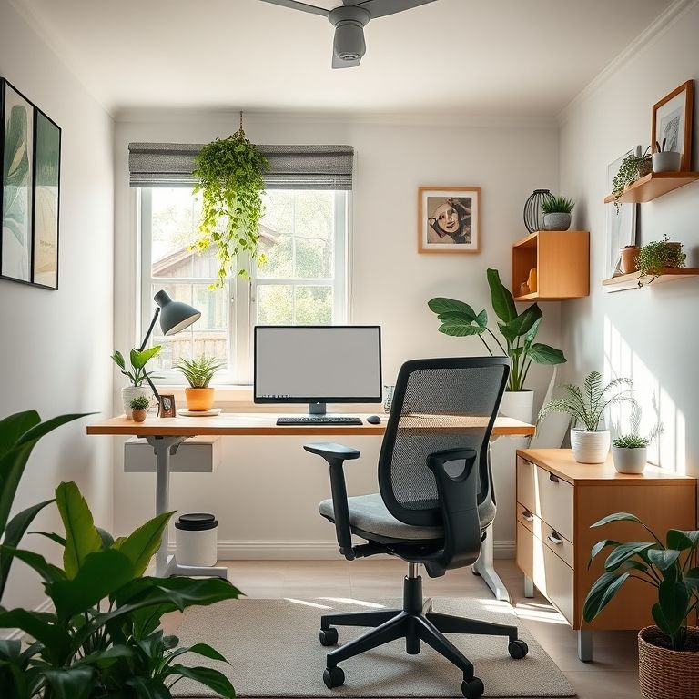Home office ergonômico e produtivo com decoração brasileira vibrante.