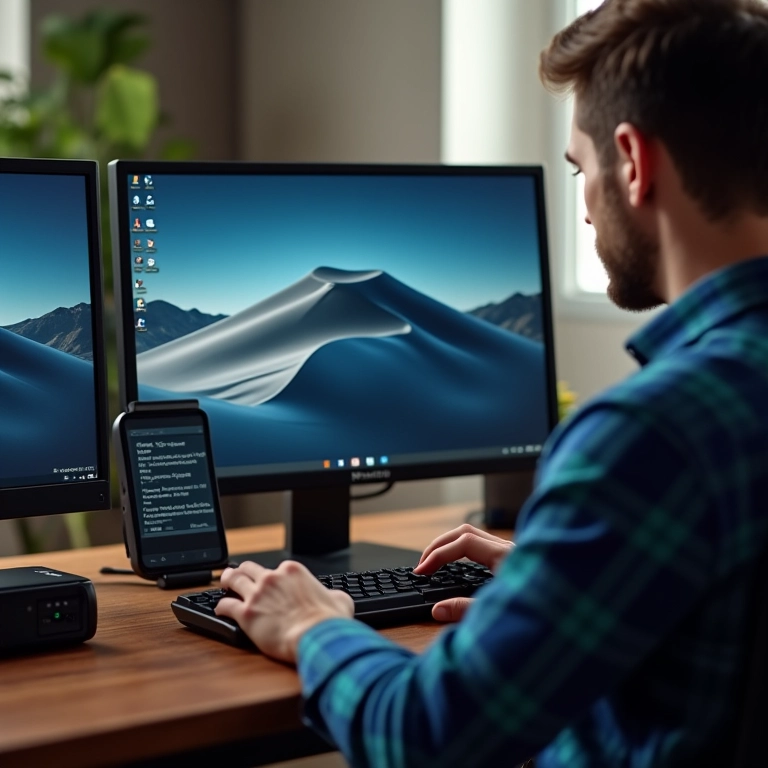 Homem calibrando monitor com calibrador de hardware profissional.