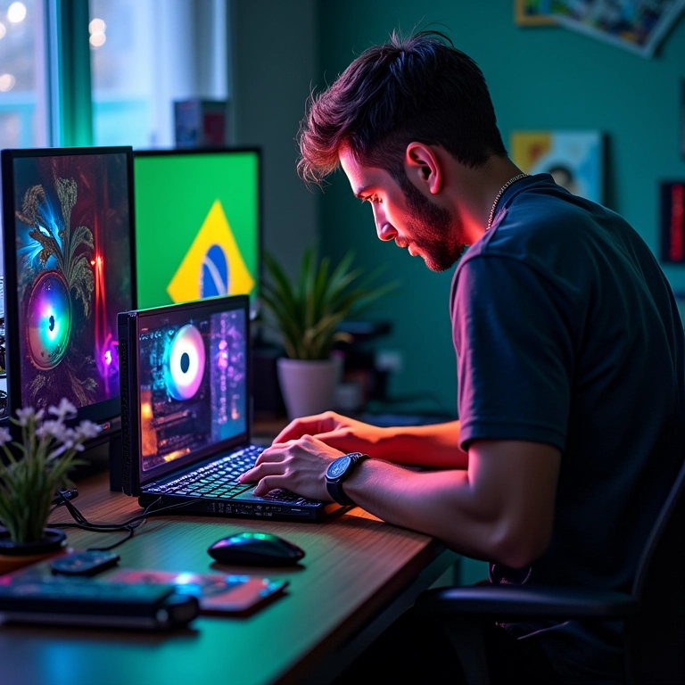 Homem organizando componentes de PC em mesa colorida.