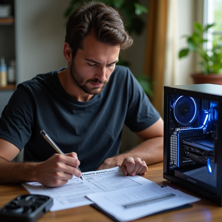 Homem priorizando componentes para PC gamer.