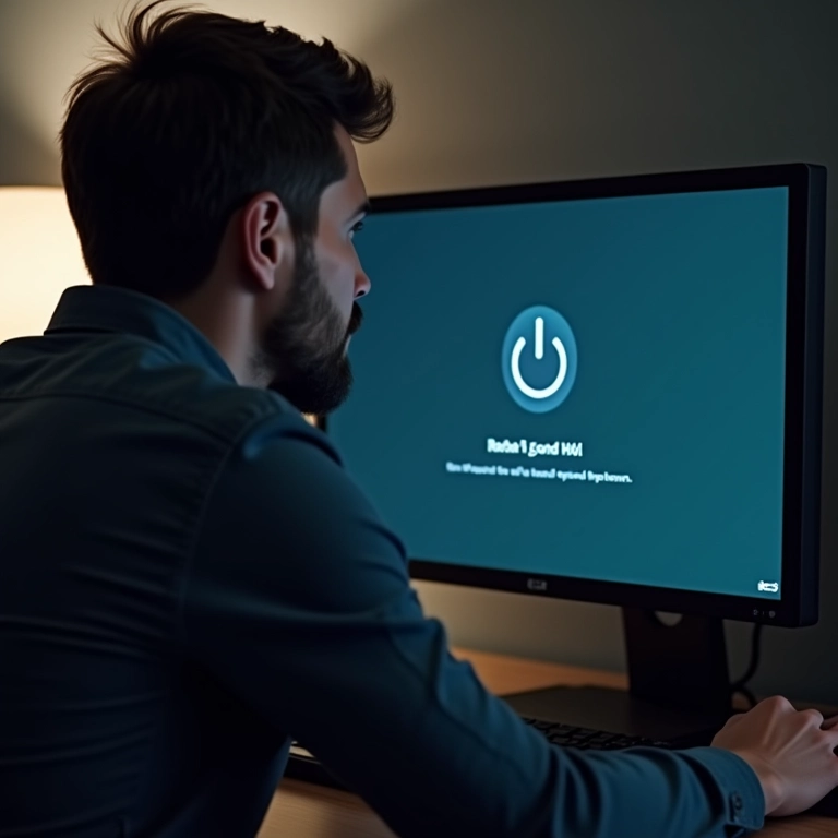 Homem reiniciando computador para solucionar problema de rede.