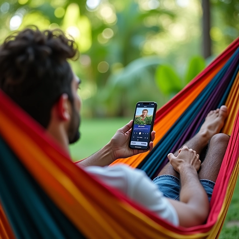 Homem relaxando em uma rede, usando a Siri para tocar música.