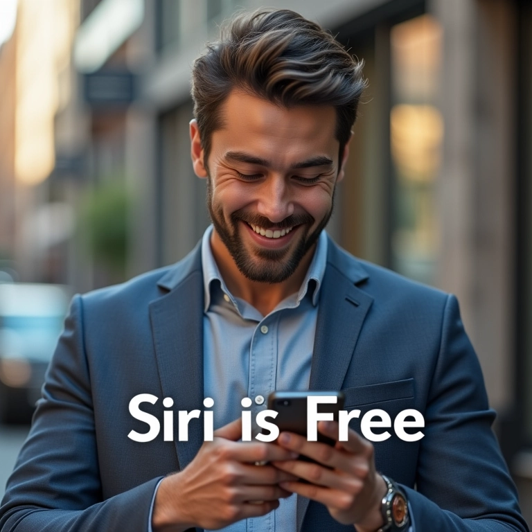 Homem sorrindo ao usar a Siri, com texto 'Siri é Gratuita!'