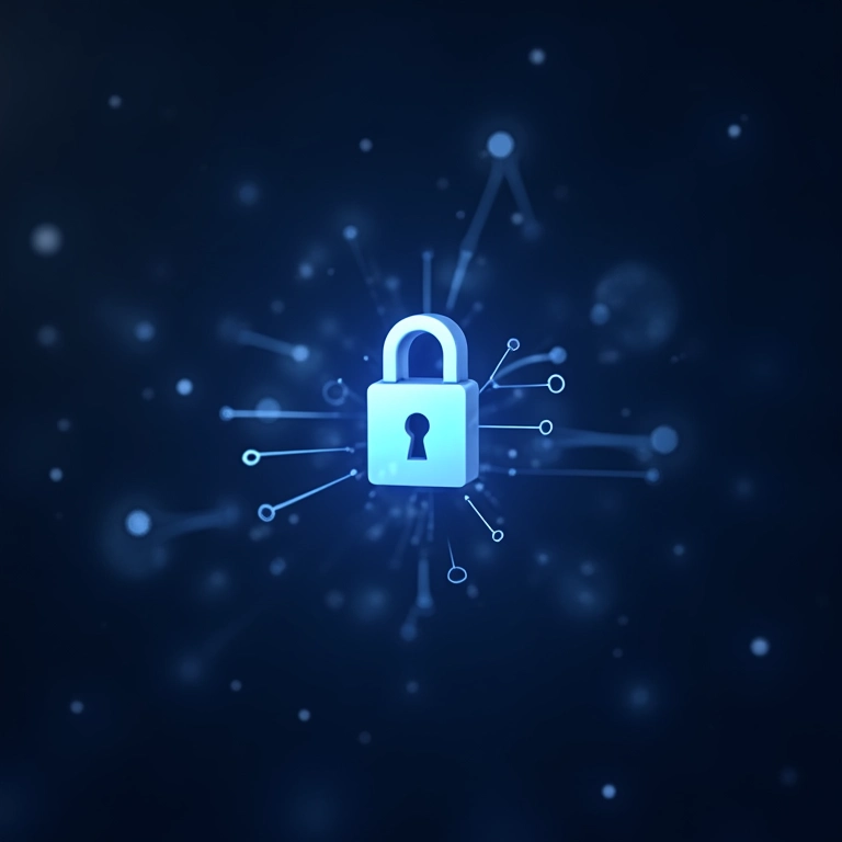 Ícone de cadeado de segurança integrado a um diagrama de rede representando a segurança reforçada.