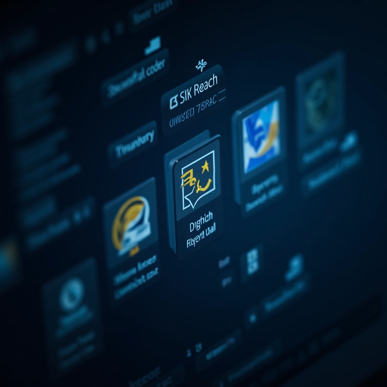 Ícones de software sobrepostos na tela do PC.