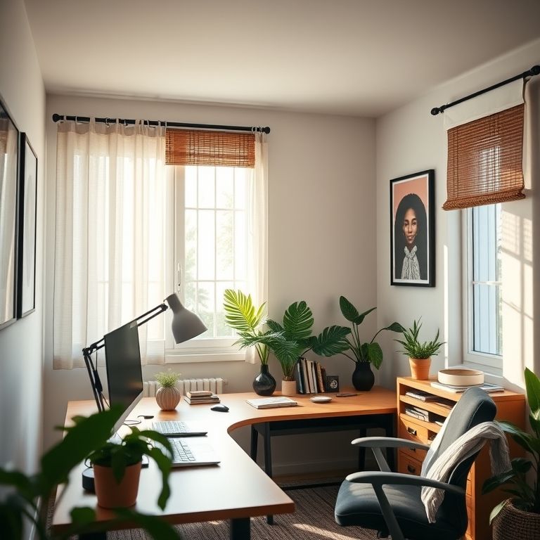 Iluminação natural e artificial em home office.