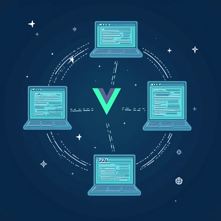 Ilustração das rotas Vue.js conectando diferentes seções de um site.