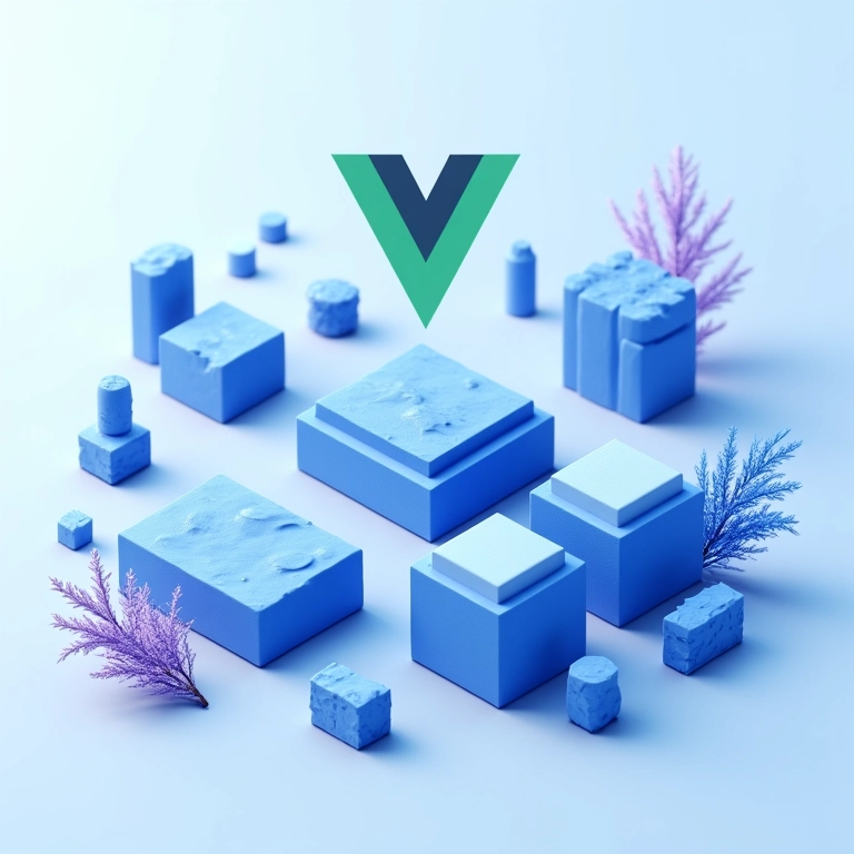 Ilustração de componentes Vue.js como blocos de construção reutilizáveis.