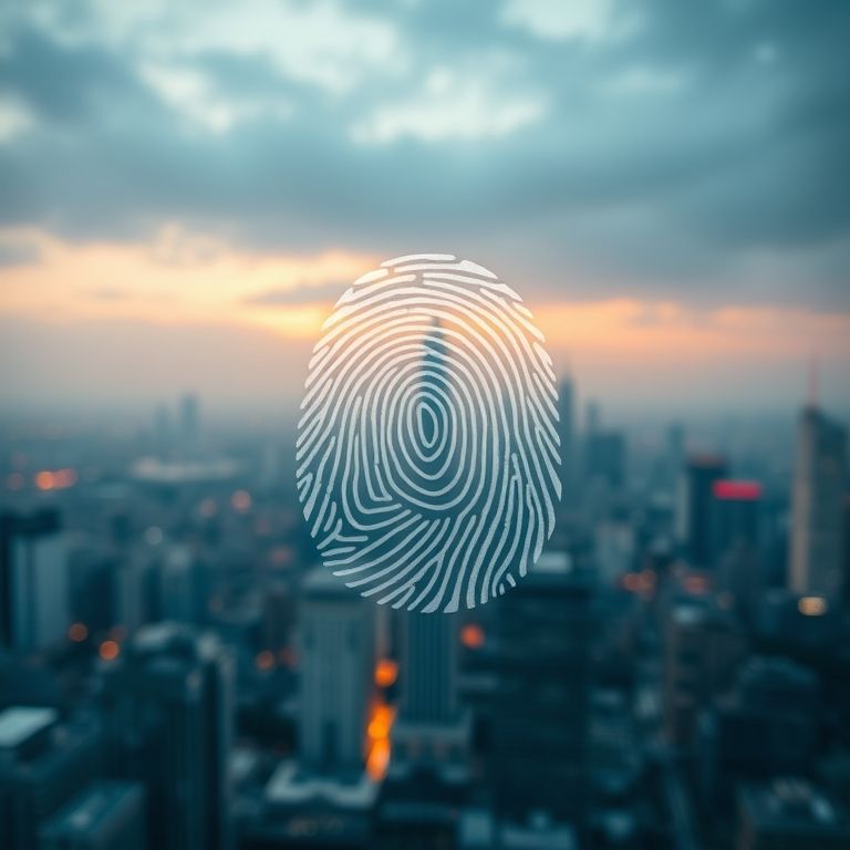 Impressão digital digitalizada sobre fundo urbano.