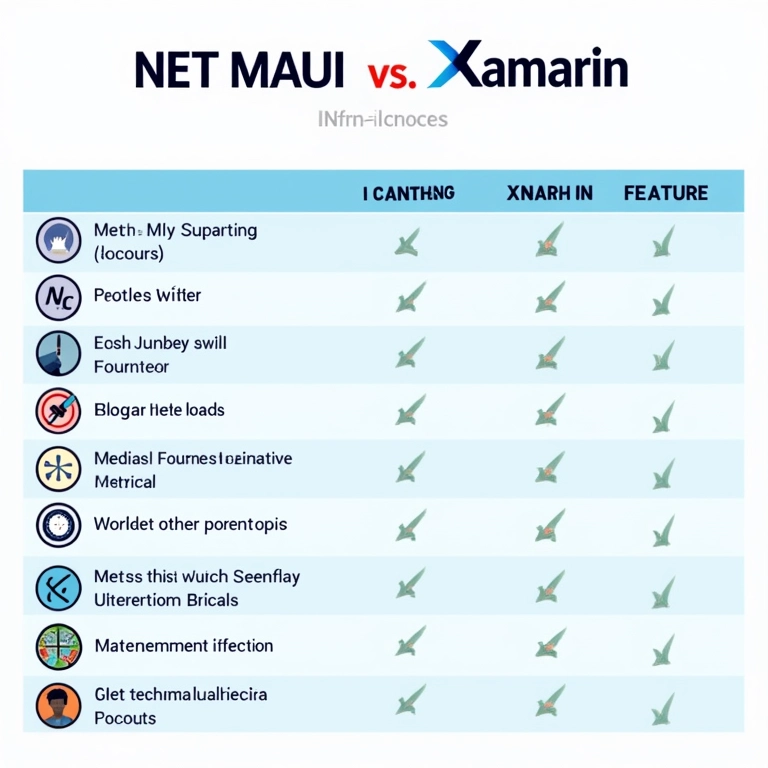 Infográfico comparando NET MAUI e Xamarin para desenvolvimento mobile.