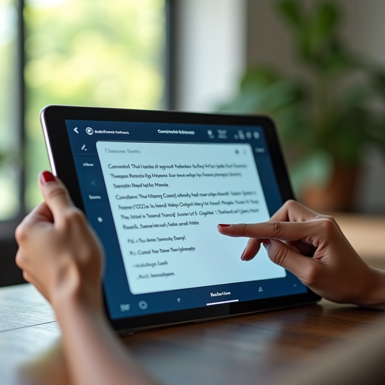 Interface amigável de transcrição de áudio em um tablet.