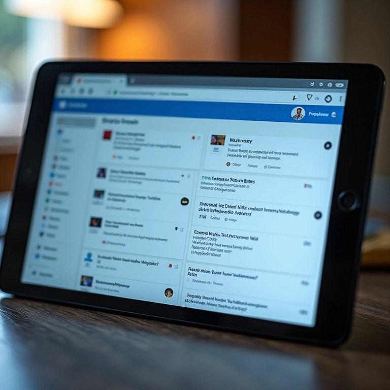 Interface de fórum online em um tablet, mostrando tópicos organizados em subdomínios.