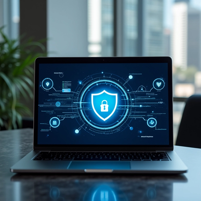 Interface de segurança em laptop com múltiplas camadas de proteção.