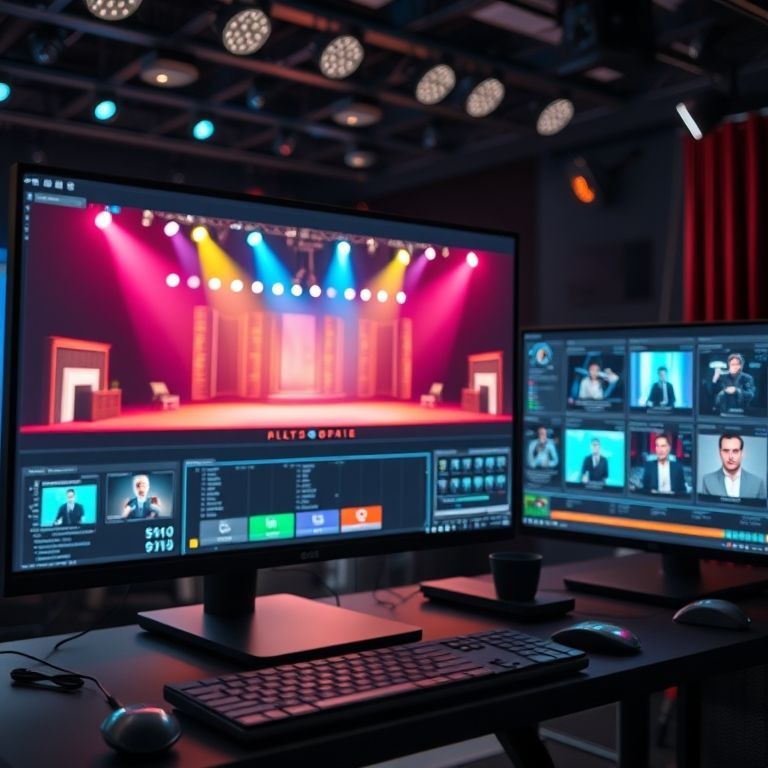 Interface de software para design de iluminação de palco mostrando simulações complexas.