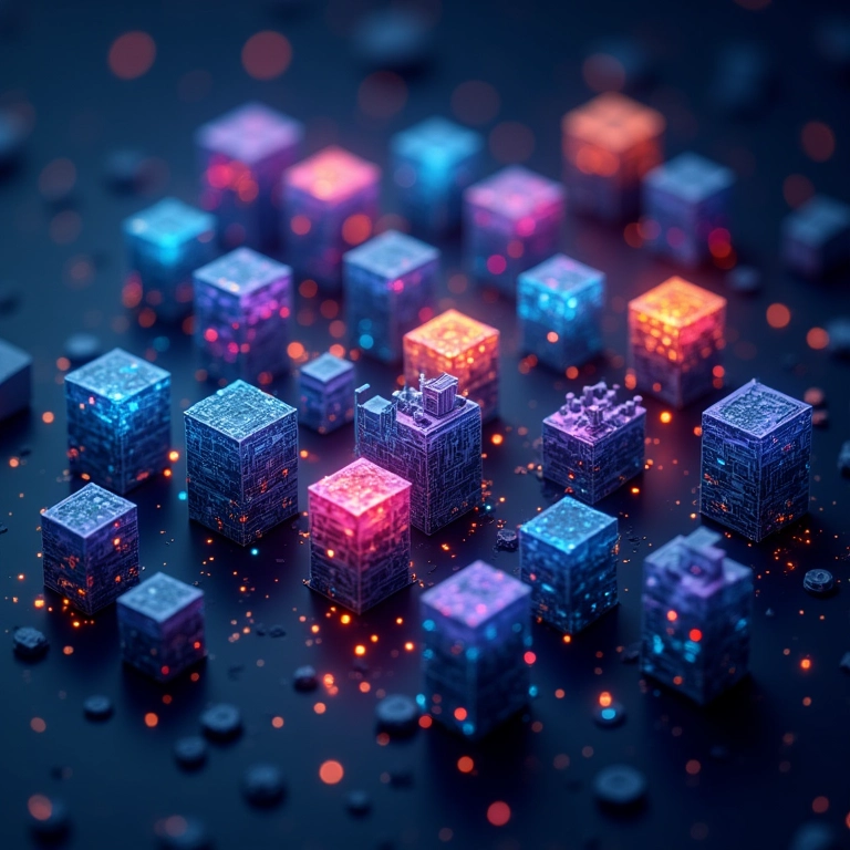 Interface do Blockly com blocos visuais formando formas complexas, conceito de programação para crianças.