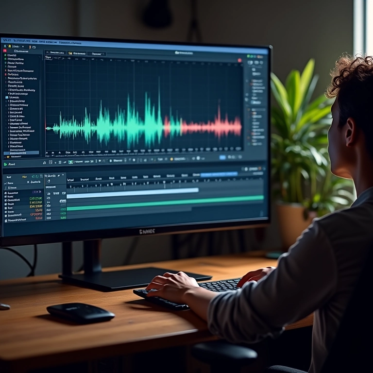 Interface do Descript mostrando edição de áudio e texto.