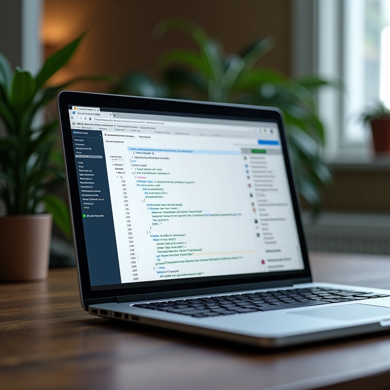 Interface do GitHub Pages em um laptop, destacando trechos de código e colaboração.