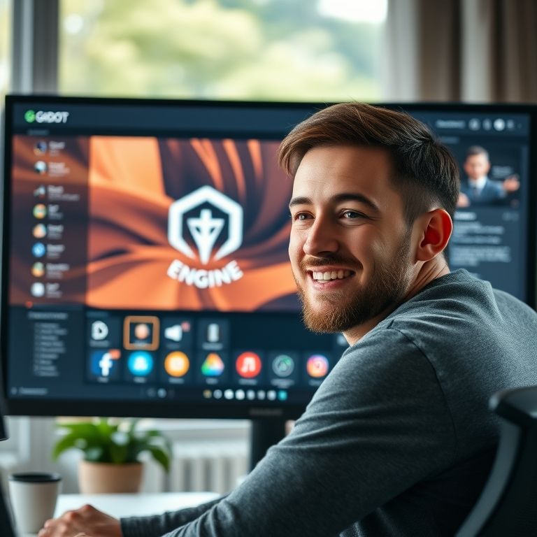 Interface do Godot Engine mostrando um desenvolvedor sorrindo, representando a alternativa ao Unity.