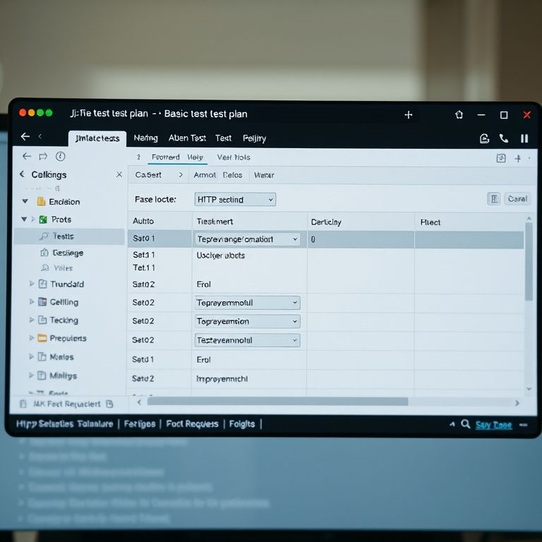 Interface do JMeter mostrando um plano de teste básico com thread group e requisição HTTP.