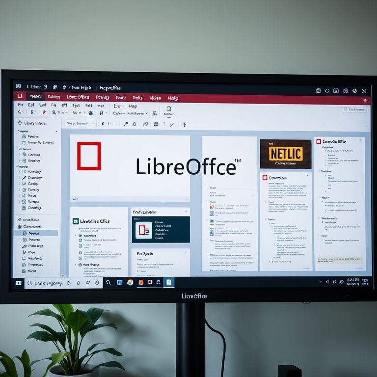 Interface do LibreOffice exibida em um monitor, mostrando a versatilidade do software.