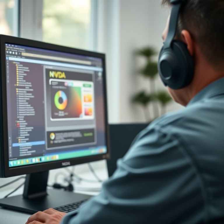 Interface do NVDA em uso em um computador desktop, mostrando a tela e a interação do usuário.
