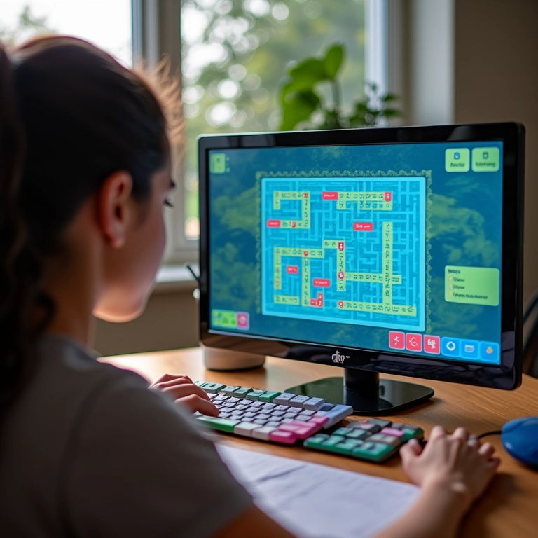 Interface do Scratch mostrando um jogo de labirinto simples em desenvolvimento.