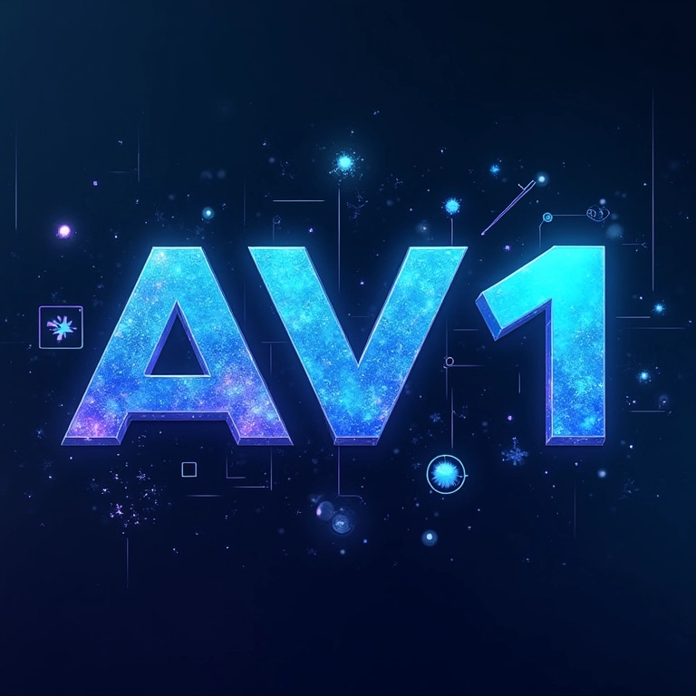 Interface futurística exibindo o logo do codec AV1.