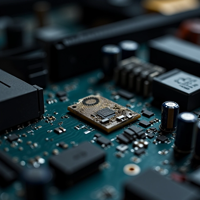 Interior de um PC com componentes expostos, mostrando um componente danificado.