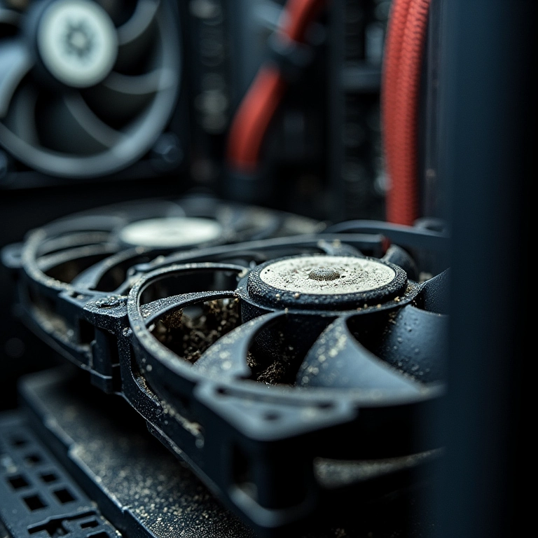 Interior de um PC com cooler sujo e empoeirado, causando superaquecimento.