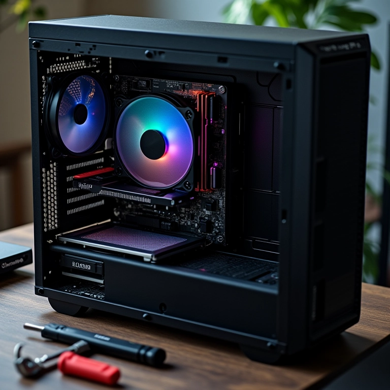 Interior de um PC mostrando a placa de som, ferramentas próximas.