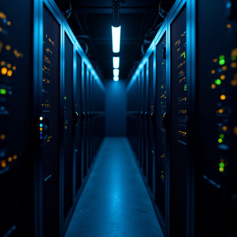 Interior de uma sala de servidores com luzes e cabos, representando o 'backend' de uma aplicação.