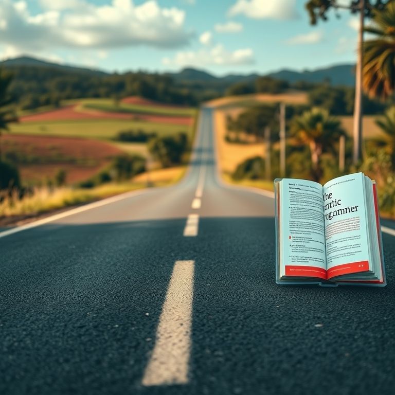 Jornada de um programador visualizada como uma estrada com marcos de programação.