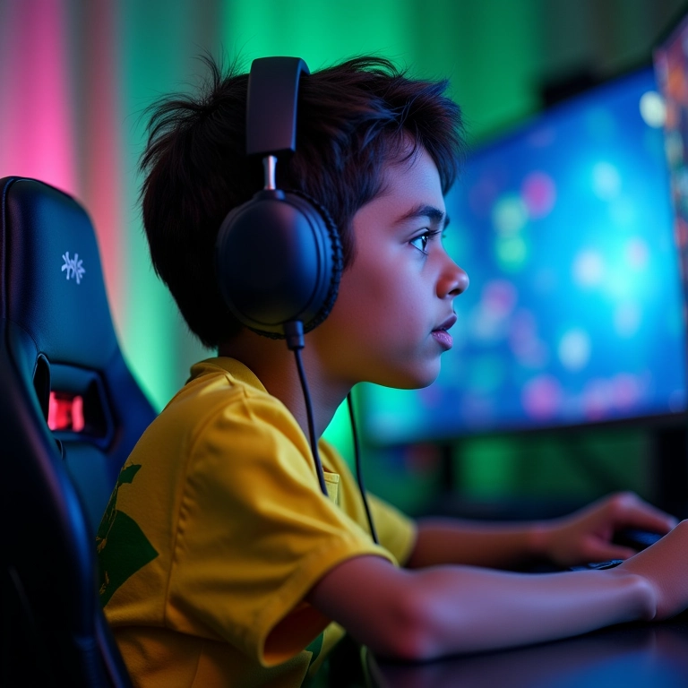 Jovem gamer brasileiro jogando com gráficos otimizados por AMD Ryzen AI.
