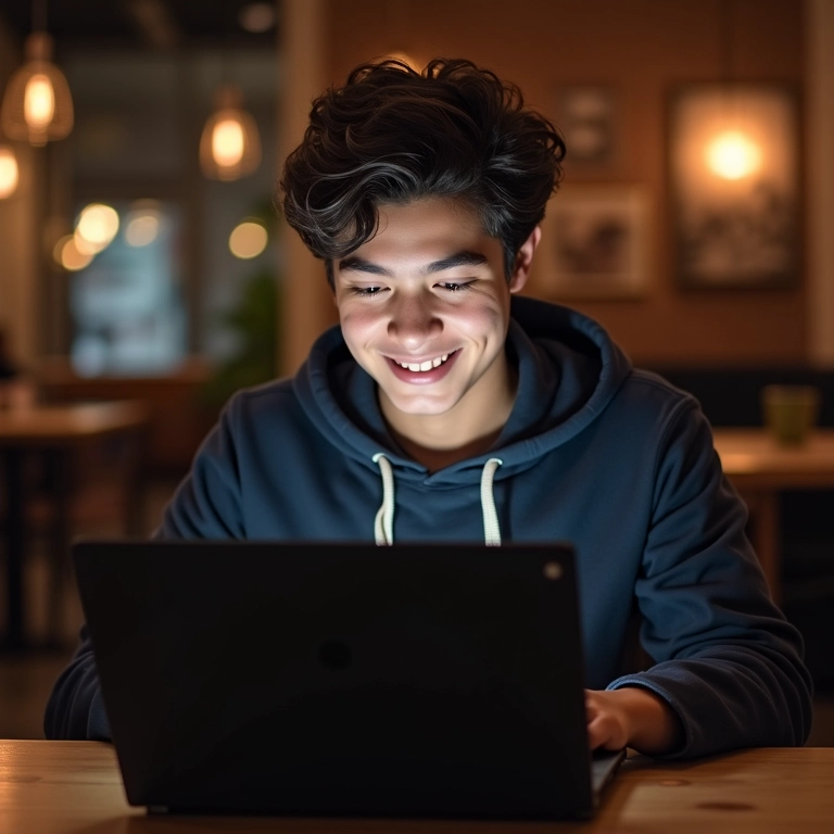Jovem usando notebook gamer fino e leve em café.