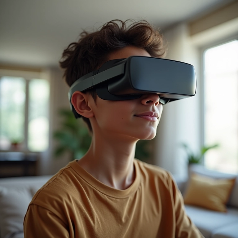 Jovem usando óculos de realidade aumentada TCL RayNeo X2 em apartamento moderno.