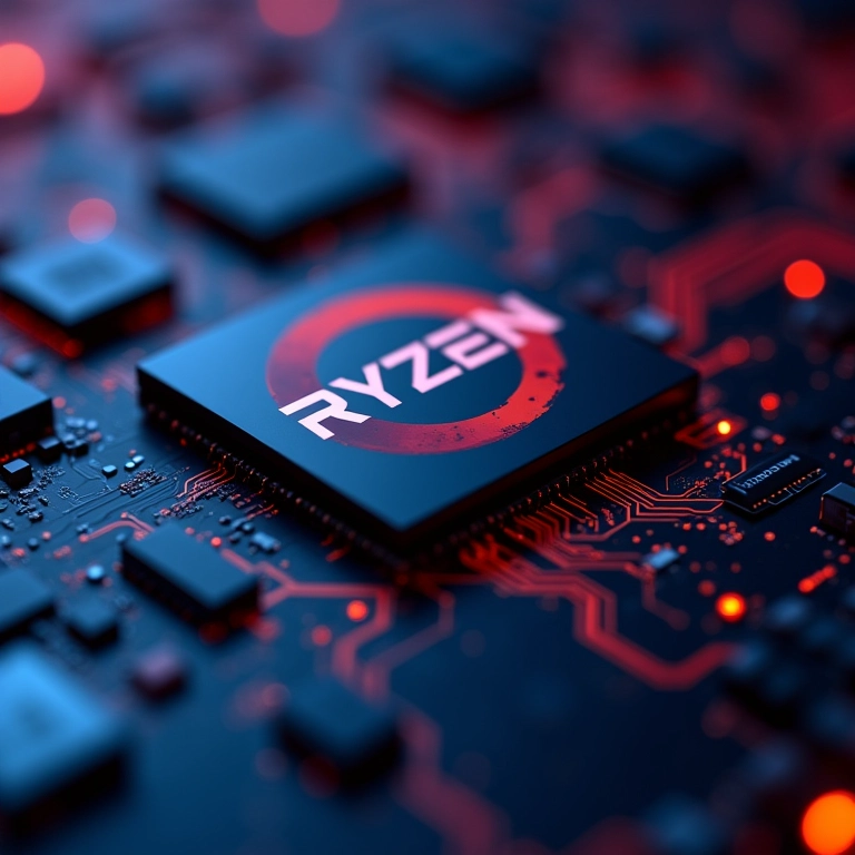 Laptop com chip AMD Ryzen AI integrado, mostrando fluxos de dados abstratos.