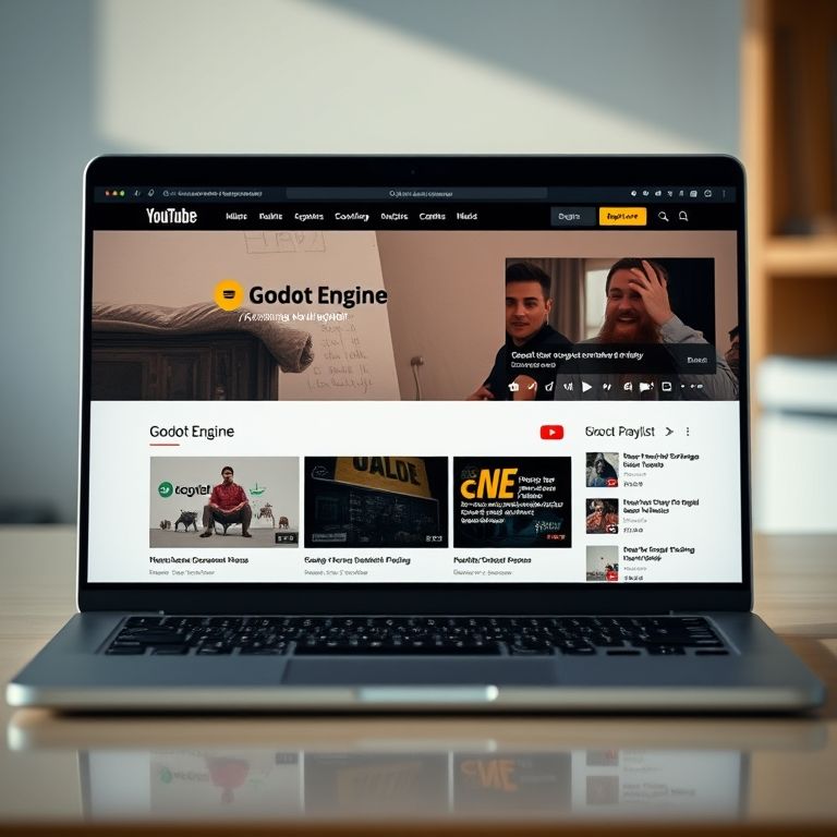 Laptop mostrando a documentação do Godot Engine e tutoriais no YouTube.