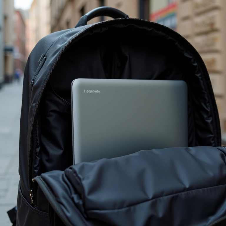 Laptop protegido dentro de uma mochila acolchoada.
