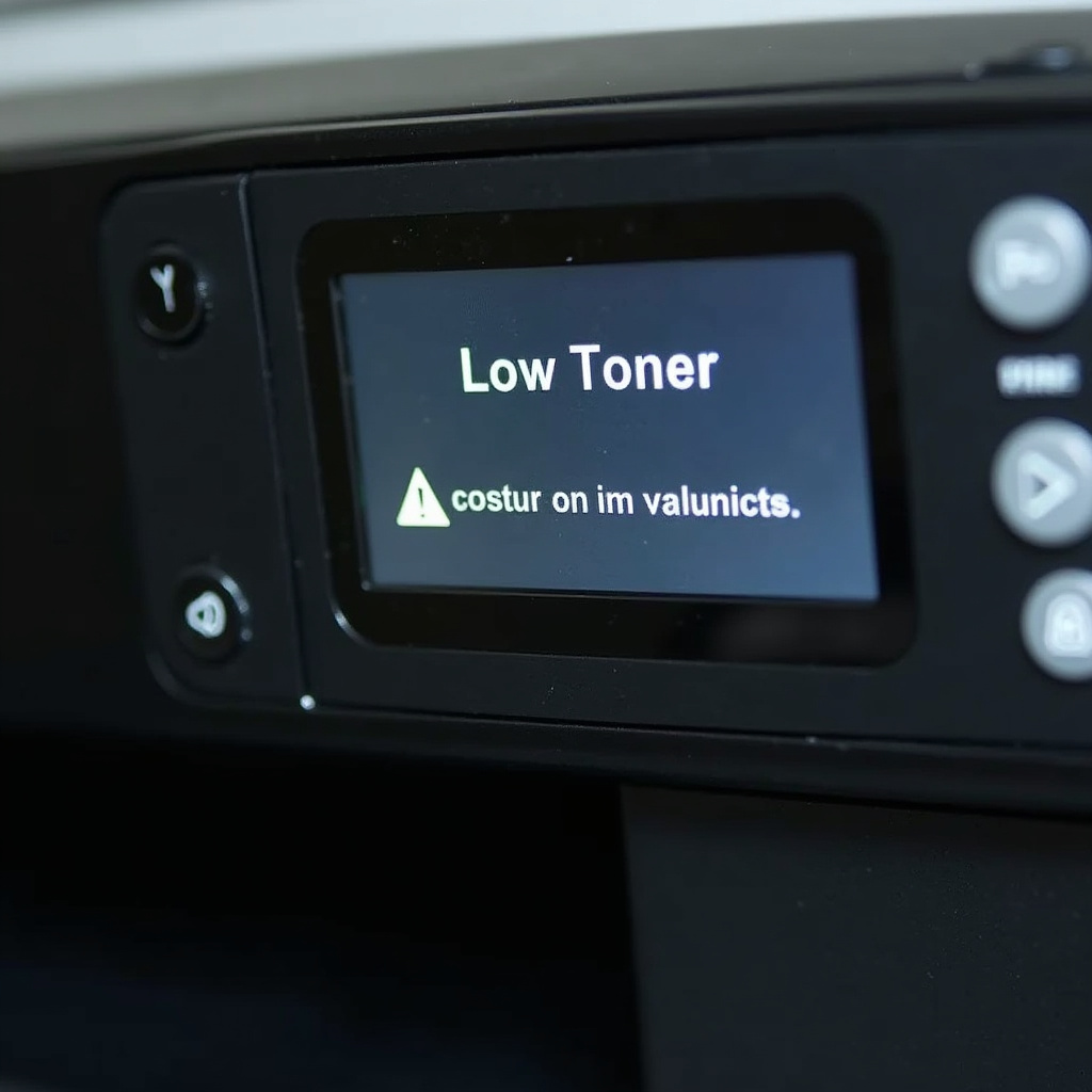 Laser printer displaying low toner warning message on screen, close-up, sharp focus, professional Alerta de toner baixo na impressora.