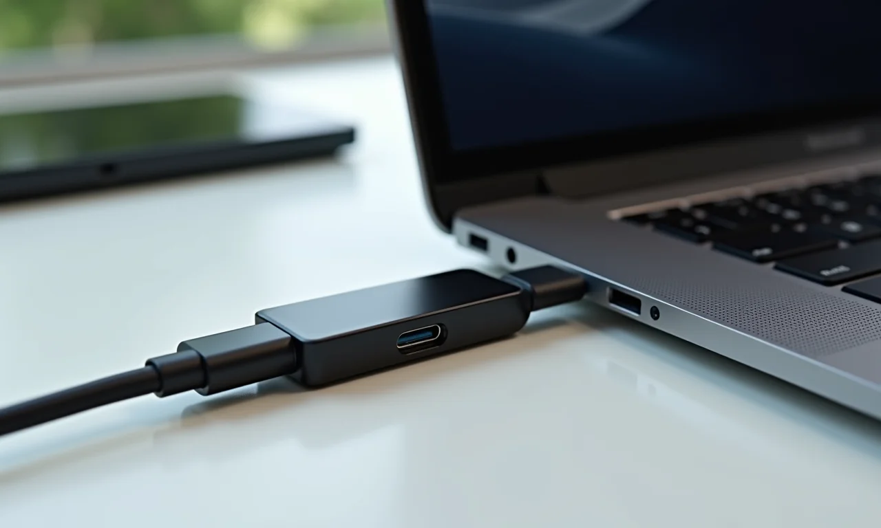 Leitor de cartão USB-C conectado a um laptop moderno.